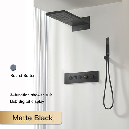 Luxury  black brass shower system wall-mounted LED digital display design Cold & hot dual-control 4-function ceiling shower Tap