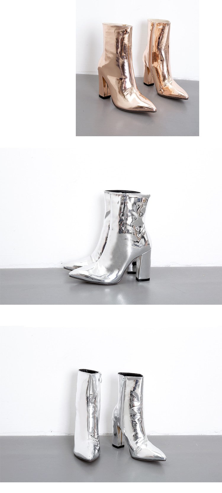 Aneikeh 2025 Spring Fashion Silver Patent Leather Women Ankle Boots Pointed Toe Square High Heels Shoes Chelsea Botas De Mujer