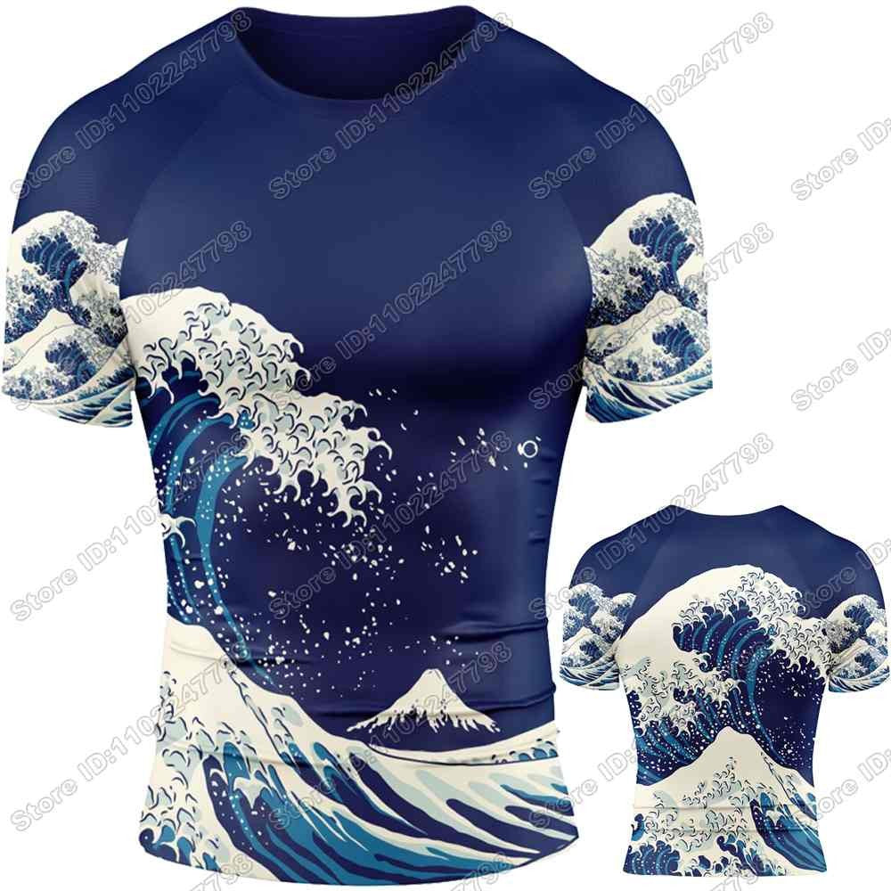 2025 The Great Wave Rash Guard Jiu Jitsu BJJ MMA T-shirt Compression Shirt Short Sleeve Surfing Jersey GYM Fitness Jersey Beach