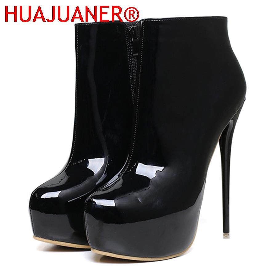 Big Size 35-47 Patent Leather Women Boots Round Toe Side Zipper Super High Heels 16CM Pumps 2025 Sexy Platform Party Shoes Woman