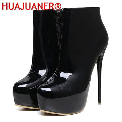 Big Size 35-47 Patent Leather Women Boots Round Toe Side Zipper Super High Heels 16CM Pumps 2025 Sexy Platform Party Shoes Woman