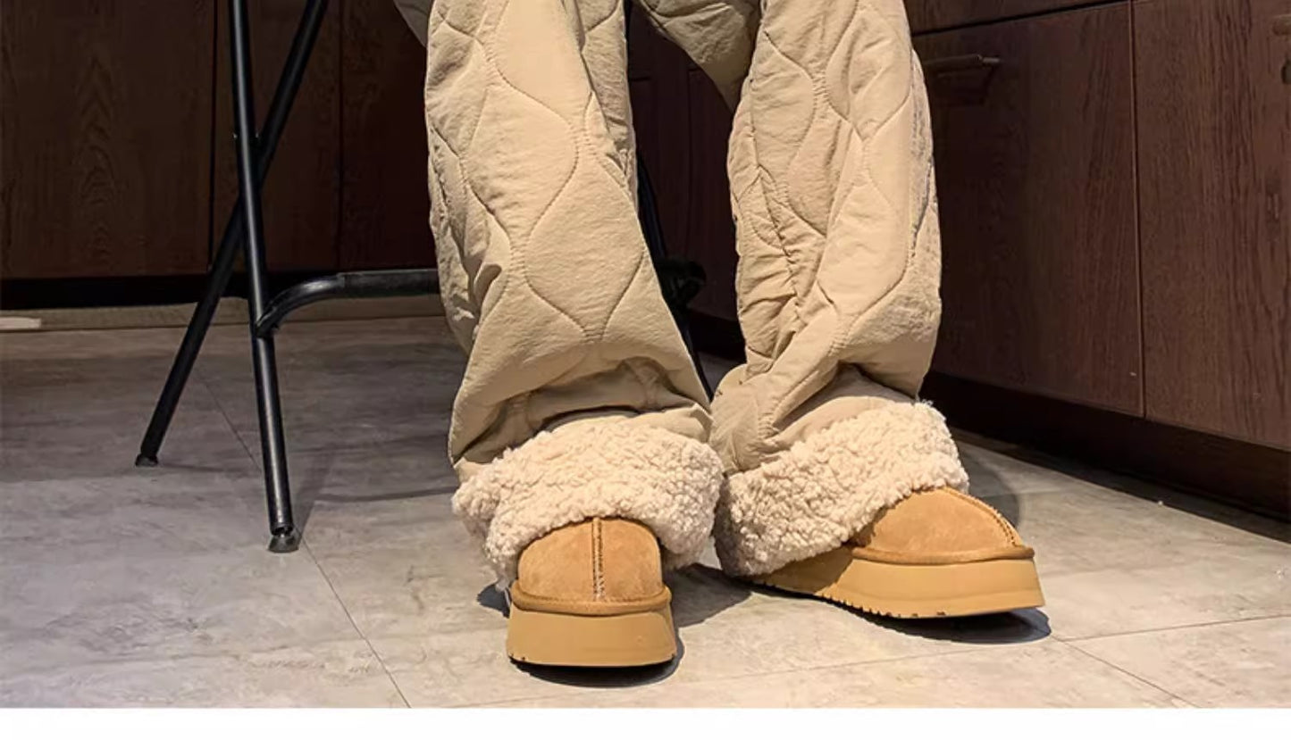 Heavy Winter Cotton Waterproof Splicing Lamb Fleece Cotton Pants for Men and Women, Solid Color Diamond Grid Embroidered Clip Co