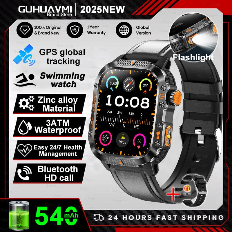 2026 Novas pulseiras inteligentes militares de GPS para ambientes externos, bússola masculina, frequência cardíaca, chamada BT, lanterna LED, Smartwatch à prova d'água 10ATM para natação