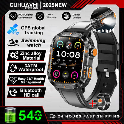 2026 Novas pulseiras inteligentes militares de GPS para ambientes externos, bússola masculina, frequência cardíaca, chamada BT, lanterna LED, Smartwatch à prova d'água 10ATM para natação