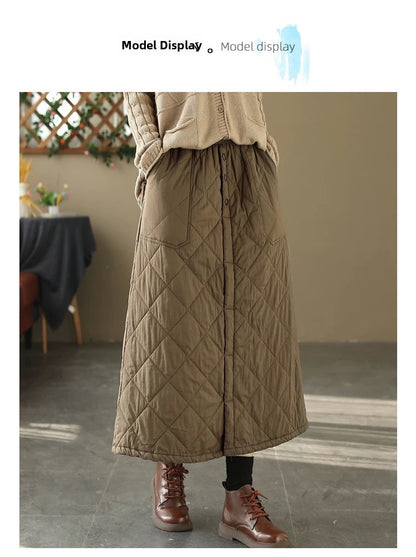 Retro Warm Cotton Quilted Long Midi Skirt High Waist A-Line Skirt for Middle-Aged And ly Women Diamond Patterned f Skirt