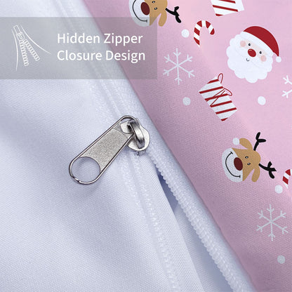 3-piece Christmas themed pink Santa Claus print (1 duvet cover+2 pillowcases, no core) soft and comfortable bedding set