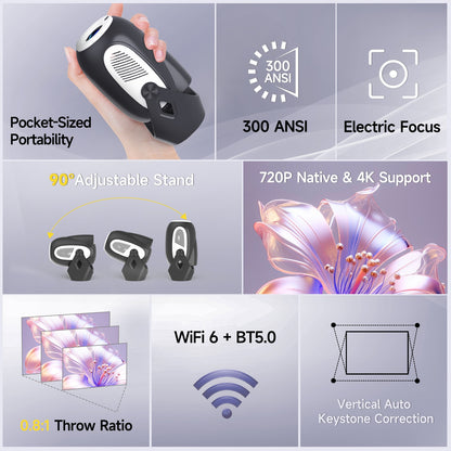 Magcubic HY300 X 4K 720P Android 11 Projetor com Foco Elétrico 300Ansi Wifi6 BT5.0 Projetor Portátil Som HIFI para Casa e Ar Livre