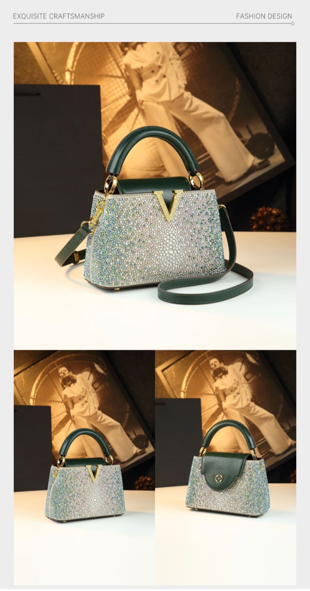 Luxury Fashion Diamonds Women's Handbags 2025 New V Letter Small Shoulder Crossbody Bag Genuine Leather Messenger Shell Bags