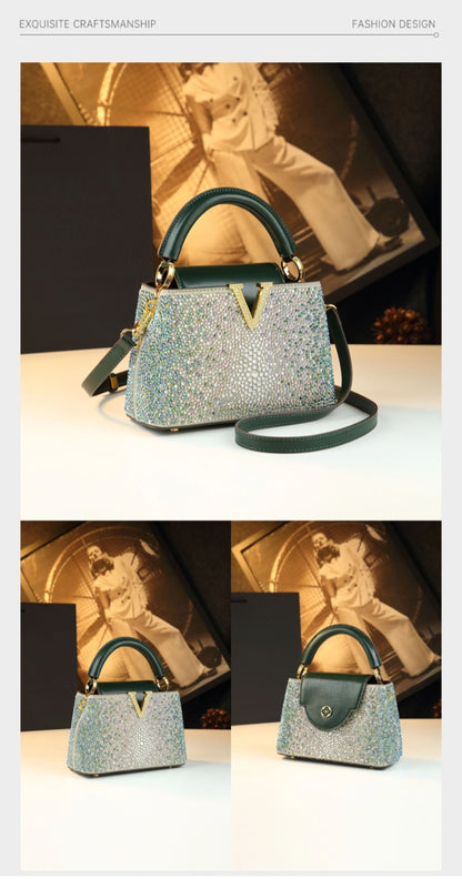 Luxury Fashion Diamonds Women's Handbags 2025 New V Letter Small Shoulder Crossbody Bag Genuine Leather Messenger Shell Bags
