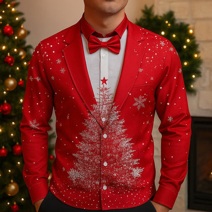 Men's Christmas Snowflake Formal Shirts 3D Printed Tie Design Elegant Tuxedo Style,Holiday Party Wedding Attire,Spring Fall Wear