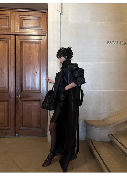 Lautaro Spring Autumn Extra Long Black Pu Leather Trench Coat for Women with Back High Slit Luxury Chic European Fashion 2024