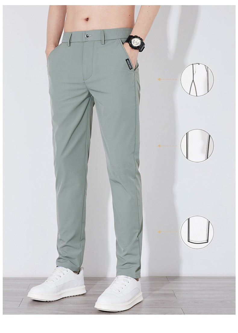 Summer Silk Stretch Smooth Trousers Men Business Elastic Waist Korean Classic Thin Cool Black Gray Casual Suit Pants Male Brand