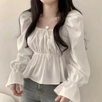 2025 Fashion New Ruffle White Long sleeved Women's Blouses Square Neck Sexy Short Shirt Korean Style Flare Sleeve Sweet Tops