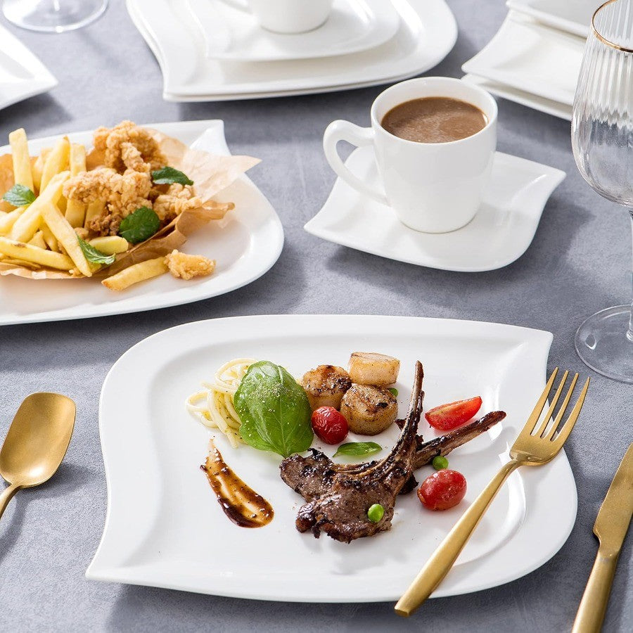 Conjuntos de Louça de 30 Peças, Pratos e Tigelas Brancos Marfim para 6 Pessoas, Conjunto de Louça de Porcelana com Jogo de Pratos Rasos, Kit de Xícaras e Pires, Cozinh