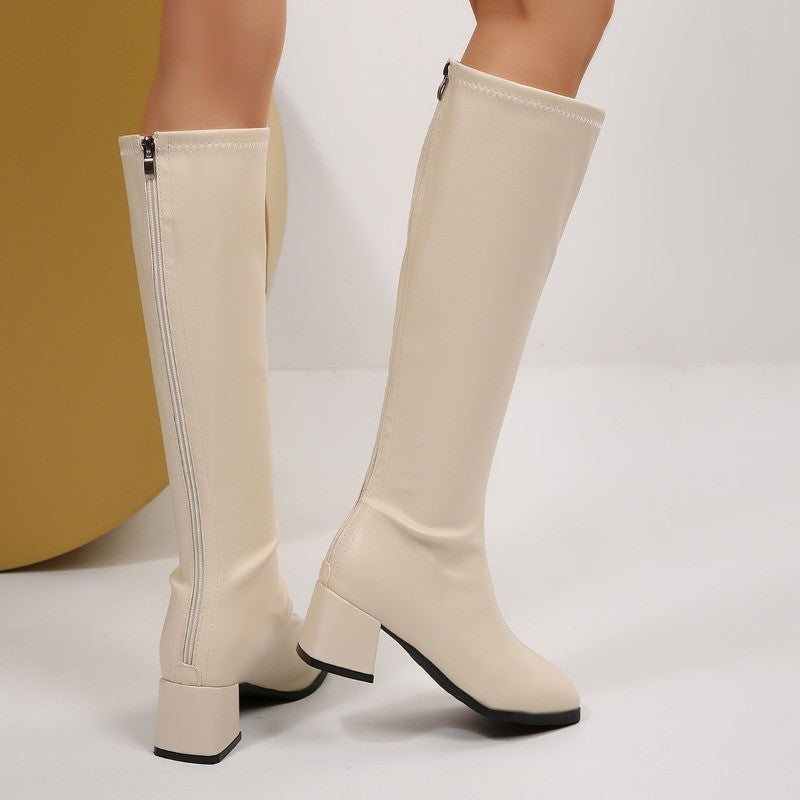 Winter Women Knee High Boots Cosy Soft Leather Thick Heel Shoes Female Vintage Slim Long Booties Zapatos De Muje