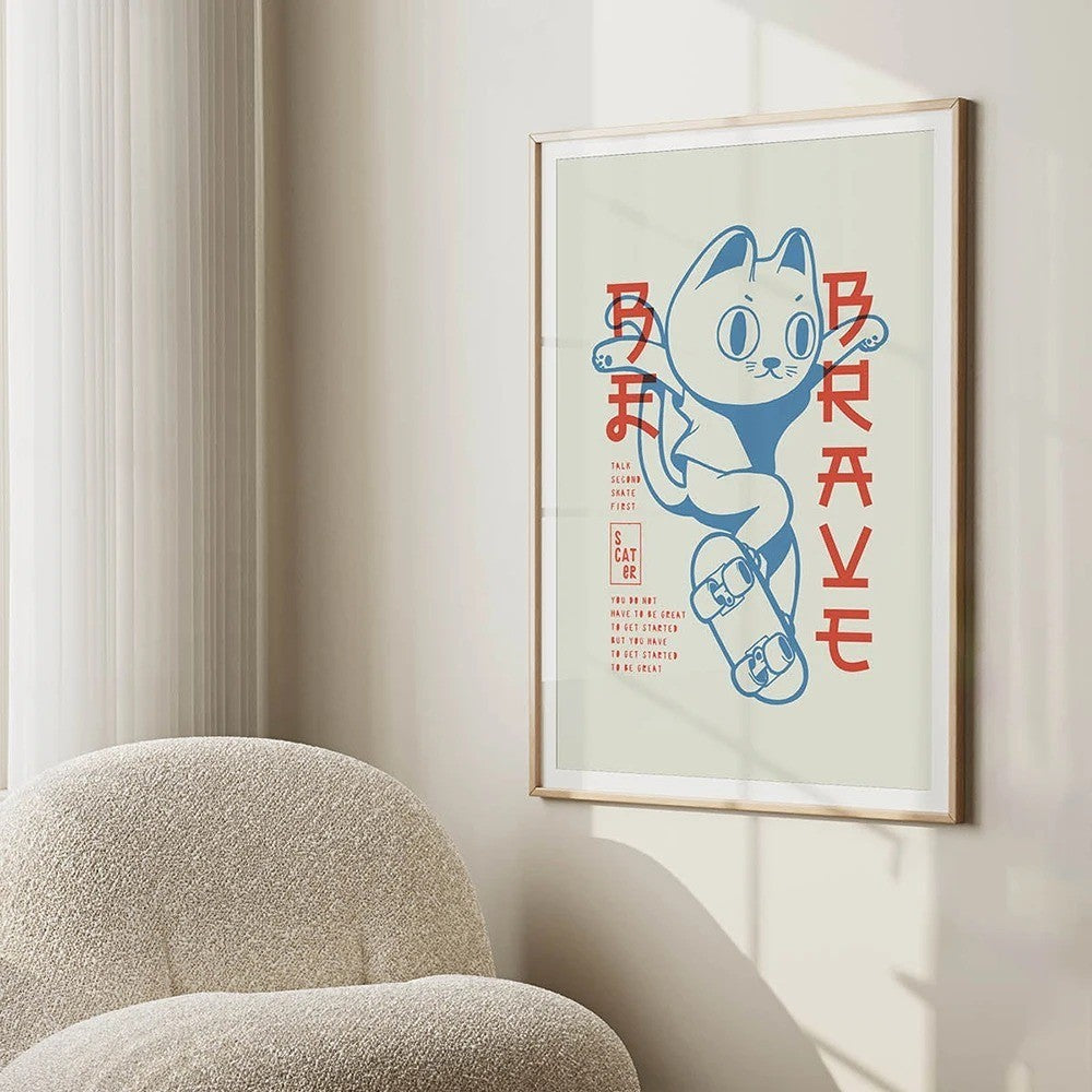 Be Brave Skater Cat Wall Art Winter Surfing Canvas Painting Posters Prints Cartoon Wall Kids Room Playroom Decor