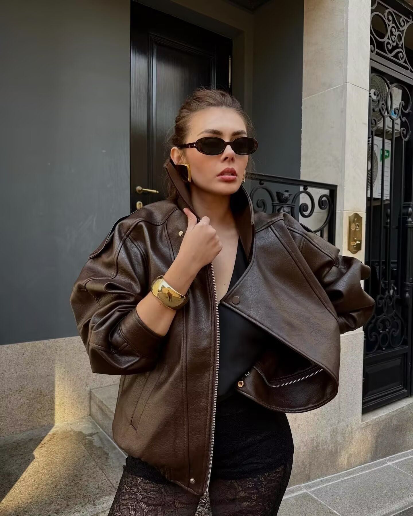 NERHEFZ Women Leather Jacket with Zipper Autumn Asymmetry Turn Down Collar Long Sleeve Button Lady Coats Causal Female Chic Tops