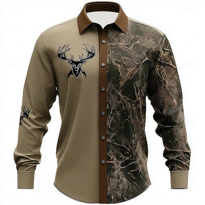 Retro Men's 3D Reindeer Print Shirt Men's Long-sleeved Shirt Breathable Casual Button Loose Top Ethnic Retro Lapel Shirt
