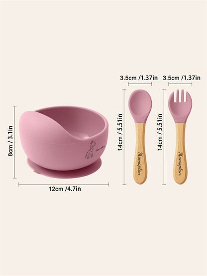 3PCS Custom Baby Feeding Set Spoon Fork BPA Free Silicone Suction Bowl For Toddlers Self Feeding Training Children's Tableware