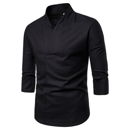 Shirts Men Solid Pullover V Neck Three Quarter Mens Kimono Shirts Traditional Streetwear Blouse Chinese Style Linen Shirts Man