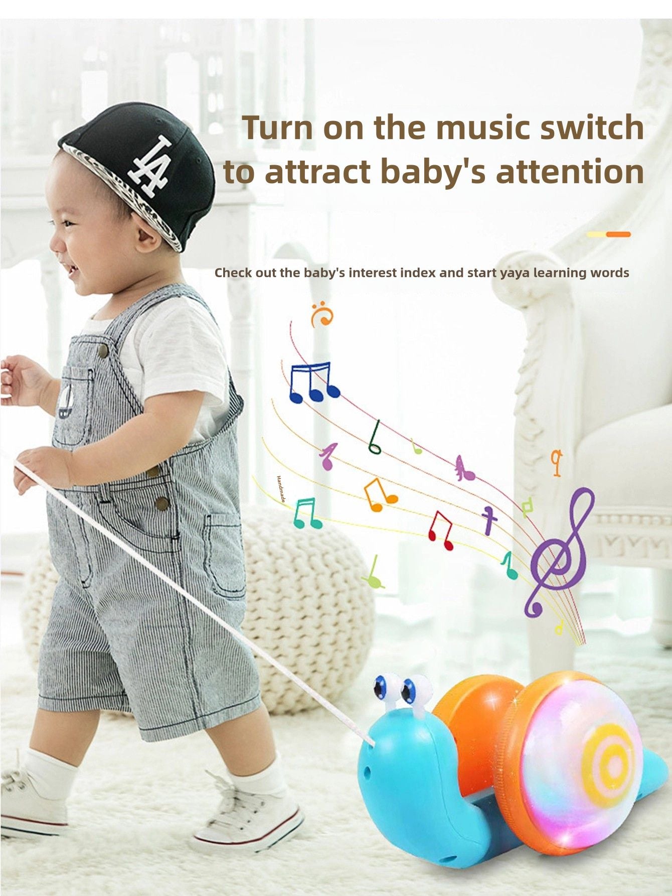 Children's Pull-Along Snail Toy, Baby Learning to Walk and Crawl Toy, Pull String Leash with Lights and Music