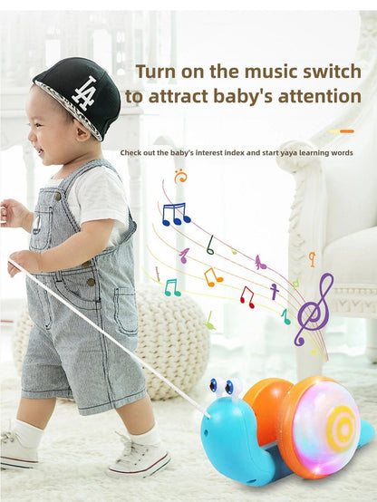 Children's Pull-Along Snail Toy, Baby Learning to Walk and Crawl Toy, Pull String Leash with Lights and Music