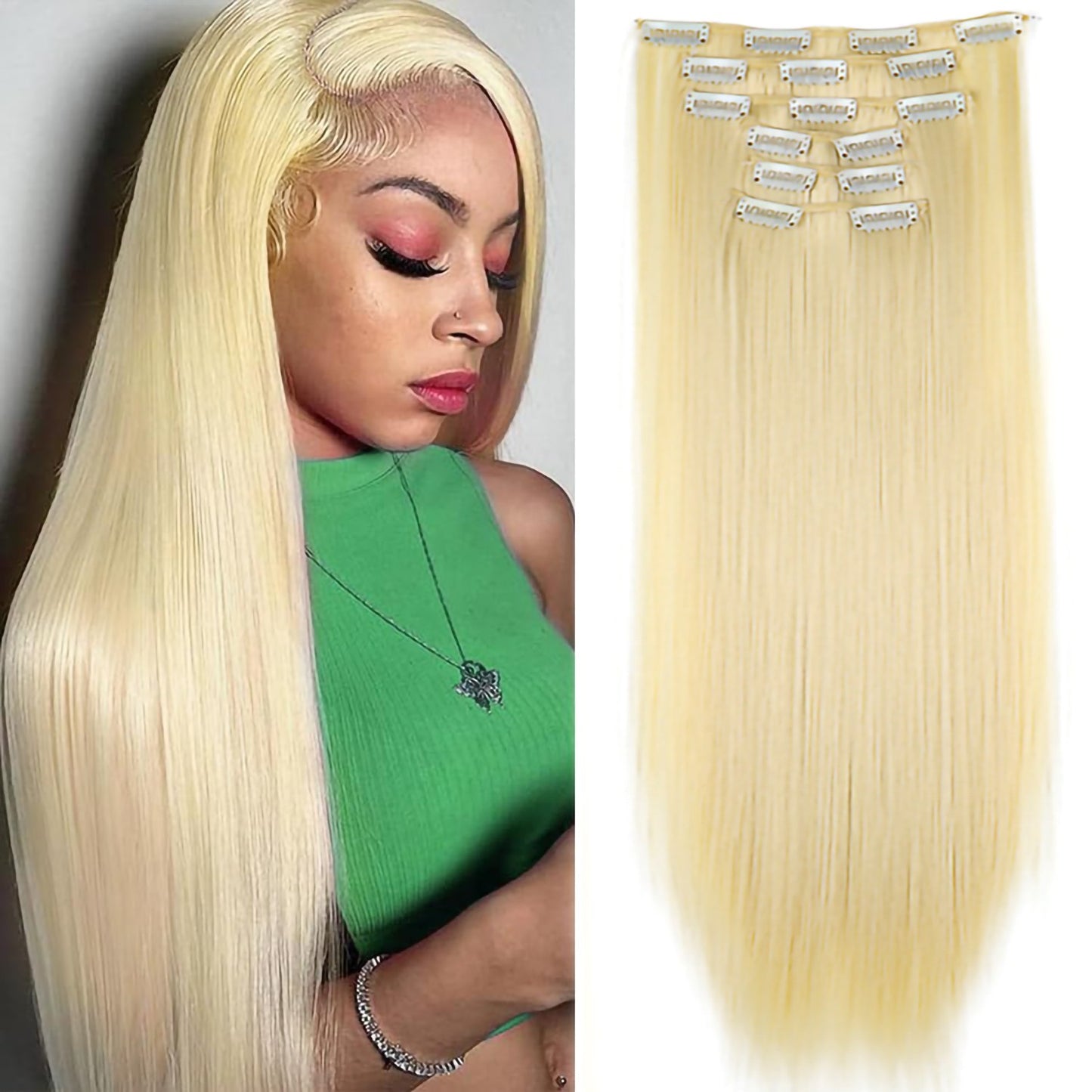 Apliques de Cabelo Natural de 24 Polegadas Cabelo Sintético para Mulheres Kit de Fios de Cabelo 16 Tic-Tacs em 6 Peças Apliques Mechas de Cabelo