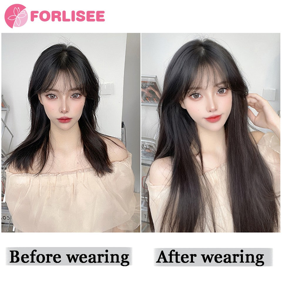 Aplique de Peruca Sintética de Quatro Peças Para Aumentar o Volume do Cabelo Peruca Longa Lisa Preta Fofa Peça de Extensão de Cabelo Invisível Sem Costura
