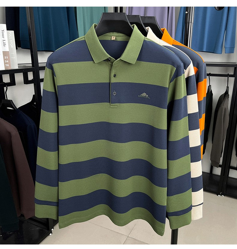Unique stripe color blocked long sleeve polo shirt men high-end trend brand letters embossed spring autumn new comfort T-shirt