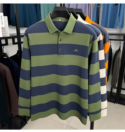 Unique stripe color blocked long sleeve polo shirt men high-end trend brand letters embossed spring autumn new comfort T-shirt
