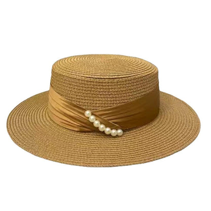 2024 Verão Francês Elegante Chapéus De Palha De Praia Para Mulheres Viseira Boné Ajustado Aba Jazz Viagem Pérola Feminino Casual Chapéu Panamá Quepe