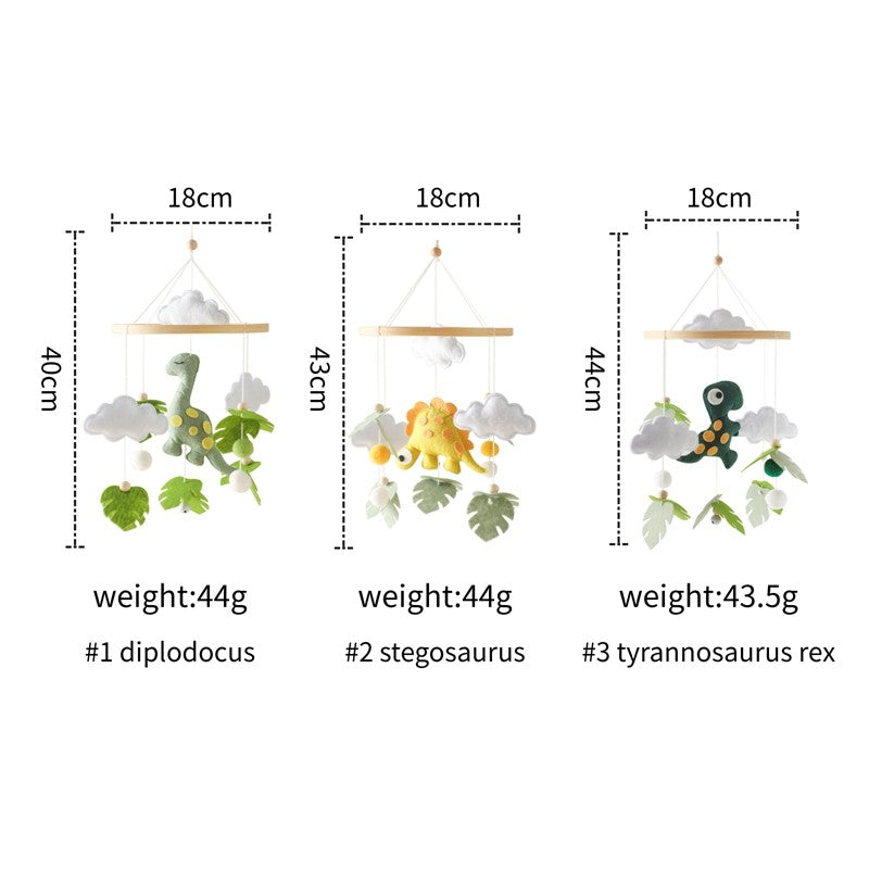 Móbile de Berço Musical de Dinossauro de Feltro e Madeira, Brinquedo de Chocalho Pendurado para Bebê, Brinquedos para Recém-Nascidos de 0 a 12 Meses, Suporte de Presente para Berço Infantil