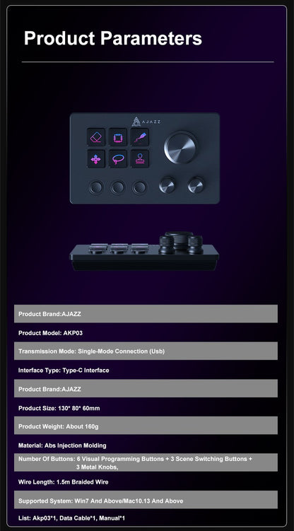 Ajazz AKP03E Desktop Helper Desk Console Panel Controller Teclado Mini com Botões Programáveis para Diversos Cenários