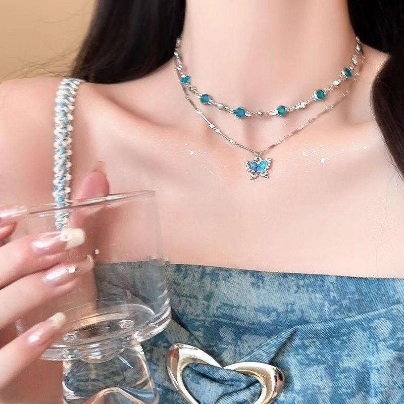 LATS Colar Feminino de Borboleta Cristal Azul Romântico Simples Brilhante Zircônia Camada Dupla Gargantilha Corrente Clavícula Nova Joia Fina