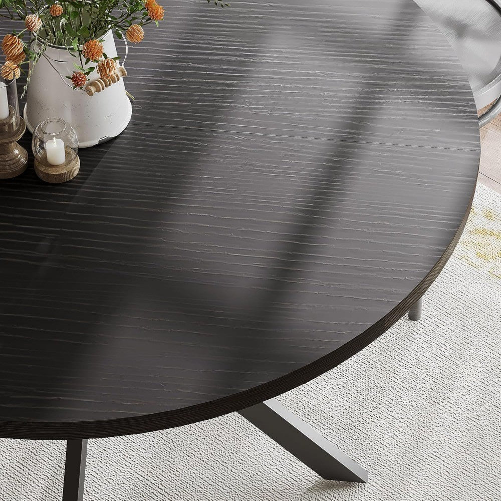 47.2 Inch Round Farmhouse Dining Table, Wooden Kitchen Table for 4, Black Circle Table for Dining Room