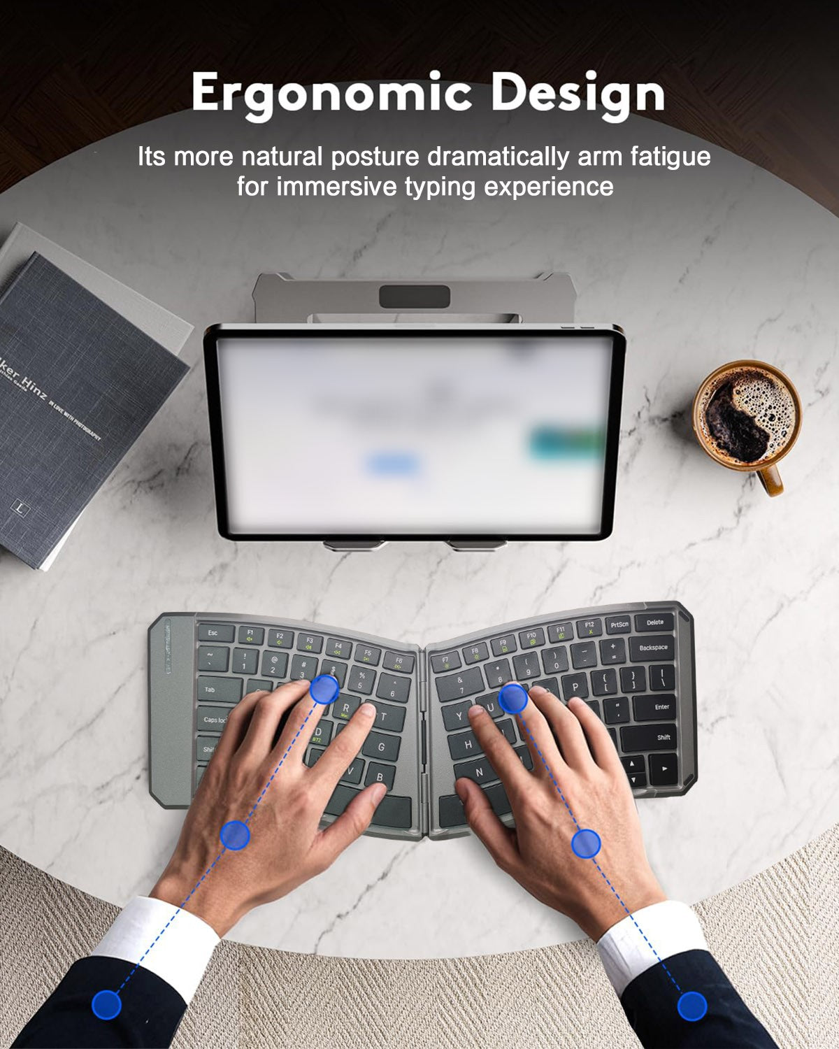 Teclado Bluetooth Dobrável Ergonômico, Teclado Portátil Compacto Dividido para Viagens de Negócios, Teclado Sem Fio Recarregável Dobrável