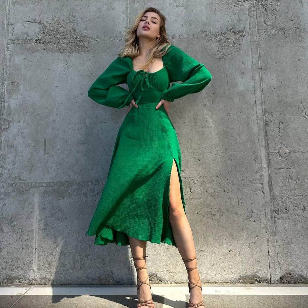 Lace-up Square Collar Sexy Dress Women Autumn Lantern Sleeve Solid Cotton Slit R