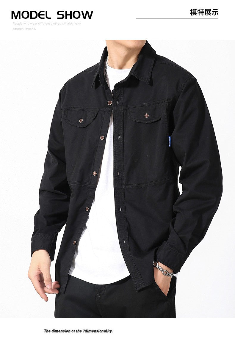 Men Slim Fit Turn-Down Collar Loose Cargo Shrit Spring Autumn Casual Wash Cotton Safari Style Jacket with Multiple Pockets Coat