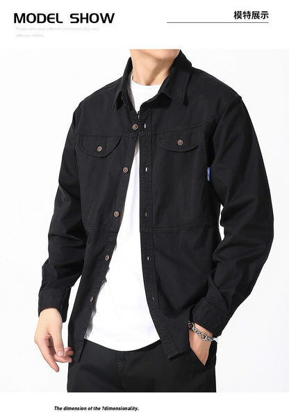 Men Slim Fit Turn-Down Collar Loose Cargo Shrit Spring Autumn Casual Wash Cotton Safari Style Jacket with Multiple Pockets Coat