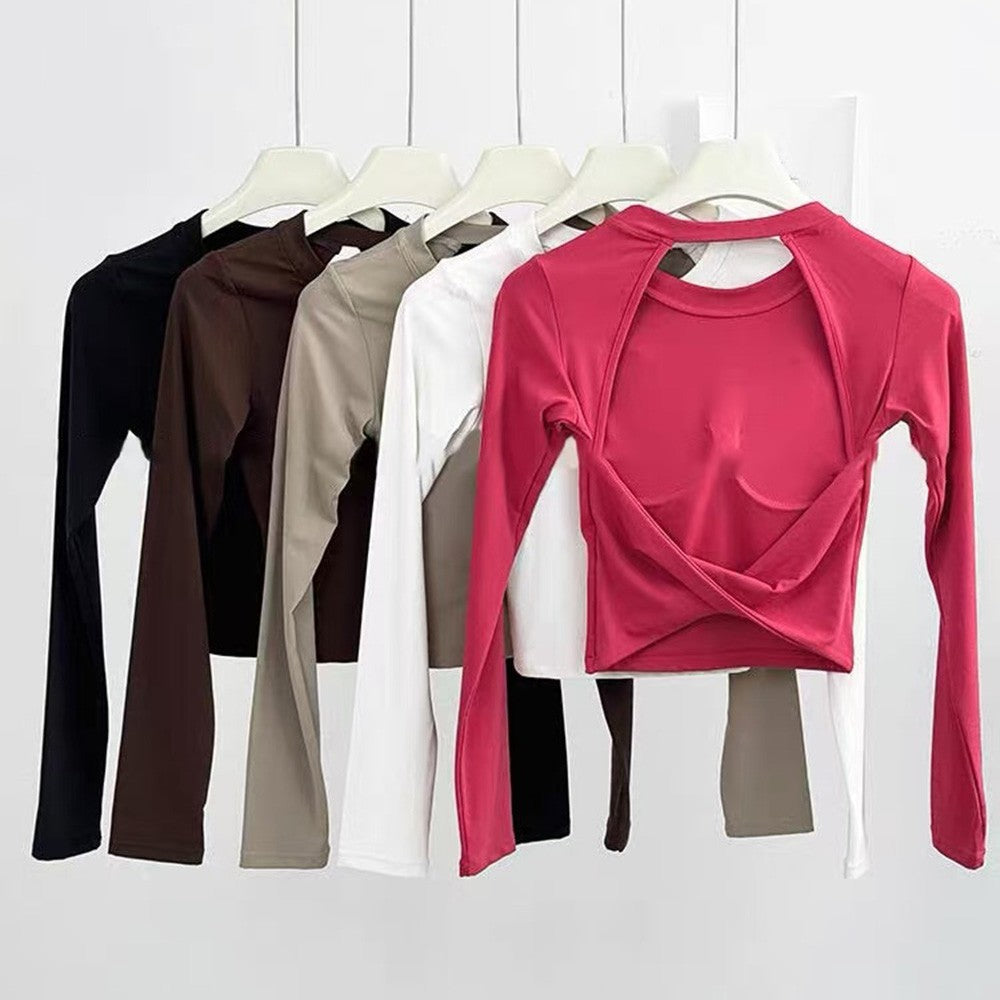 Yoga Long Sleeved Women's Fixed Chest Cushion Sexy Backless Short Sports T-shirt With Waist Cinching And Slimming Fitness Vest