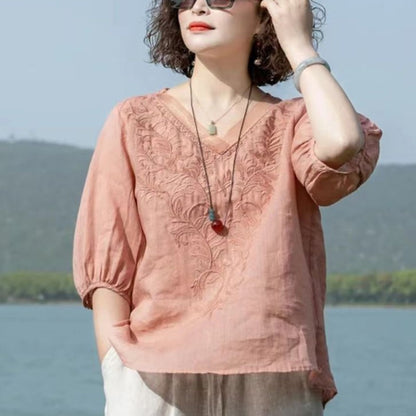 Summer New Literary Vintage Embroidery Cotton Linen Shirt Ladies Half Sleeve Loose Casual Fashion Blouse Women's Clothing Tops