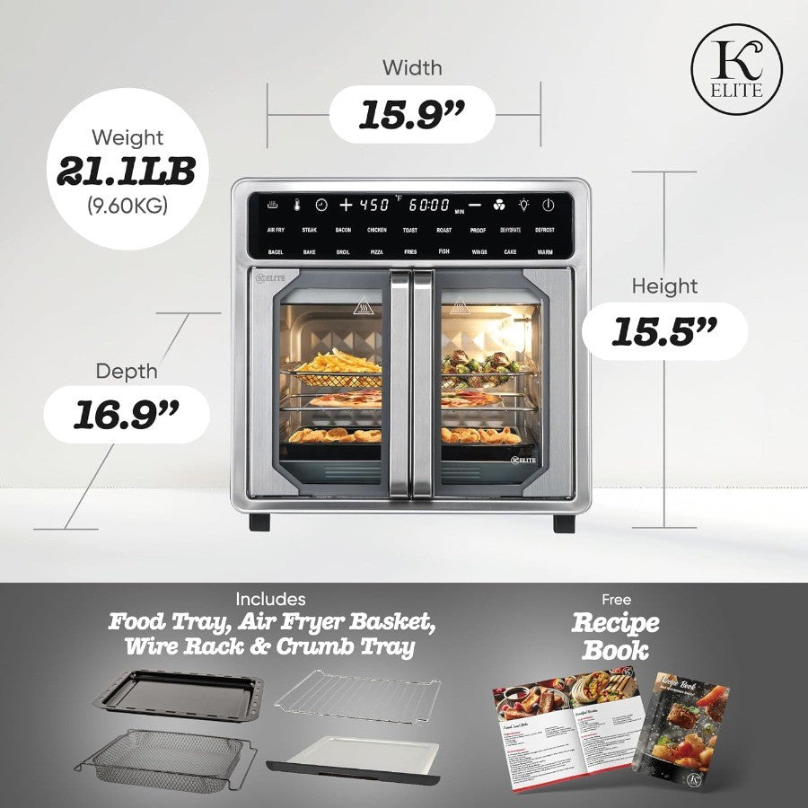 Forno Fritadeira Elétrica sem Óleo French Door de 15 Litros, Tamanho Família, Convecção de Bancada com Display LED, Aço Inoxidável para Grandes Quantidades C