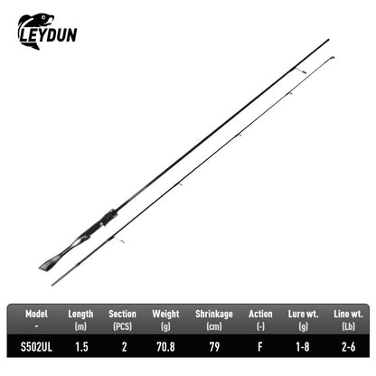 Vara de Pesca LEYDUN Black Creek 2 Partes, Spinning/Casting, 1,5/1,68/1,8m, Vara de Viagem, Baitcasting, Ultraleve, Fibra de Carbono