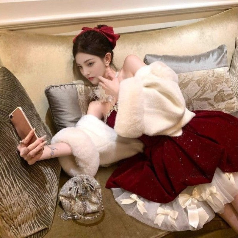 Christmas Red Strapless Sexy Party Dresses Elegant Winter New Year Elegant Bubble Velvet Mini Dress Sweet Princess Clothing 2025