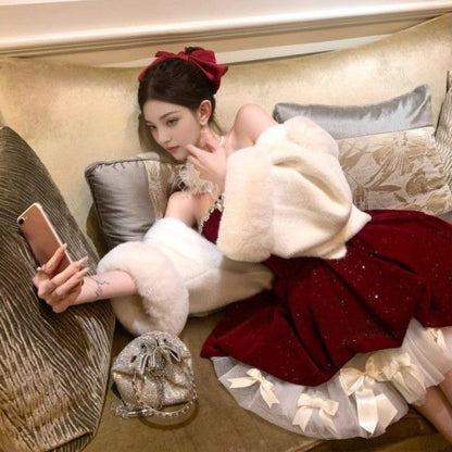 Christmas Red Strapless Sexy Party Dresses Elegant Winter New Year Elegant Bubble Velvet Mini Dress Sweet Princess Clothing 2025
