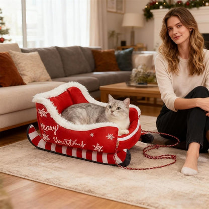 Cama Trenó de Natal Sofá Quente para Animais de Estimação de Pelúcia Removível e Lavável com Base Antiderrapante Ninho de Gato e Cachorro de Natal para Inverno Interno e Externo