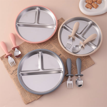 3PCS Silicone Stainless Steel Feeding Kit Toddler Sucker Feeding Dishes Plate Infant Self Feeding Training BPA Free Fork Spoon