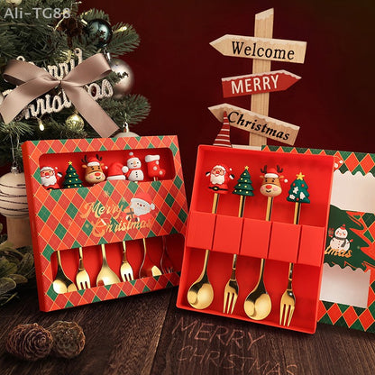 Stainless Steel Christmas Fork And Spoon Set with Gift Box for Coffee Tea Dessert Tableware