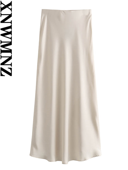 XNWMNZ Women's Fashion 2023 Flowing Satin Midi Skirt Women Vintage Elastic High