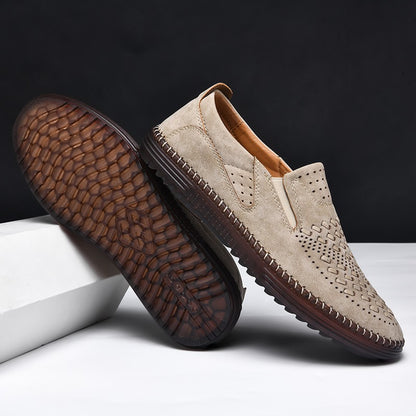 New 2024 Handmade Leather Men Shoes Design Fashion Sneakers Slip On Loafers Summer Mesh Breathable Casual Shoes Men Driving Flat